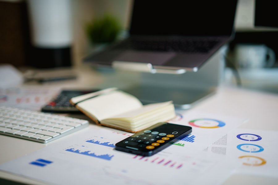 Desk with financial charts and paperwork